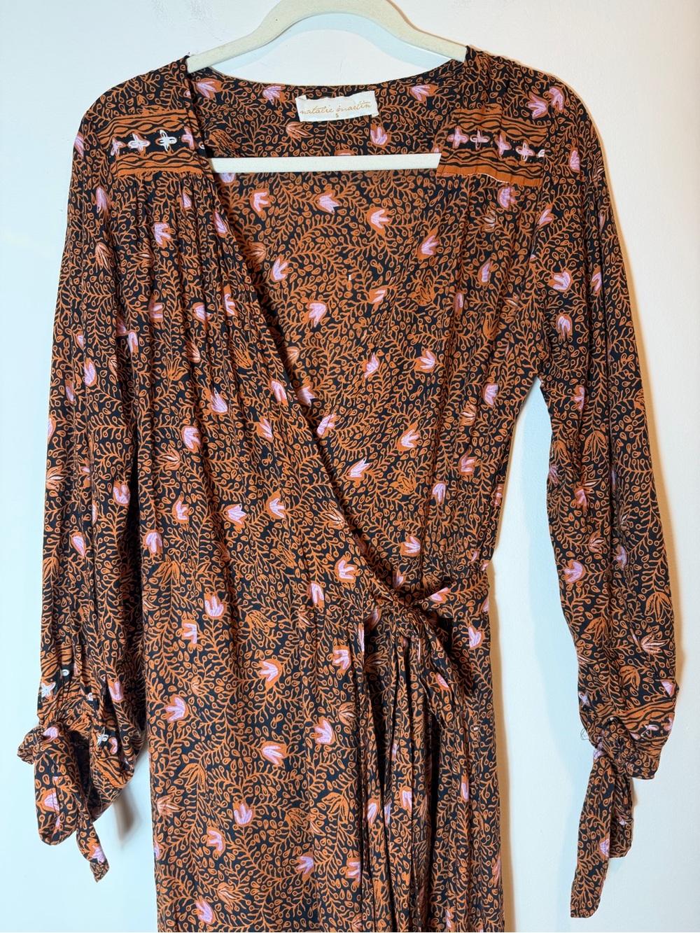 Natalie Martin Kate Handmade Rayon Floral Wrap Maxi Dress Boho Brown Pink Small - Picture 3 of 14